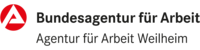 Abbildung Logo mit rotem Kreis und weiße Dreieck darin und ist beschriftet mit Bundesagentur für Arbeit Weilheim 