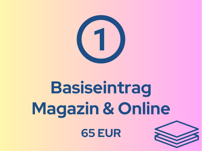Abbildung mit Schriftzug: Basiseintrag Magazin und Online 65 Euro