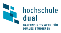 Abbildung Logo fünf blaue Quadrate und Beschriftung der Hochschule Dual in blau